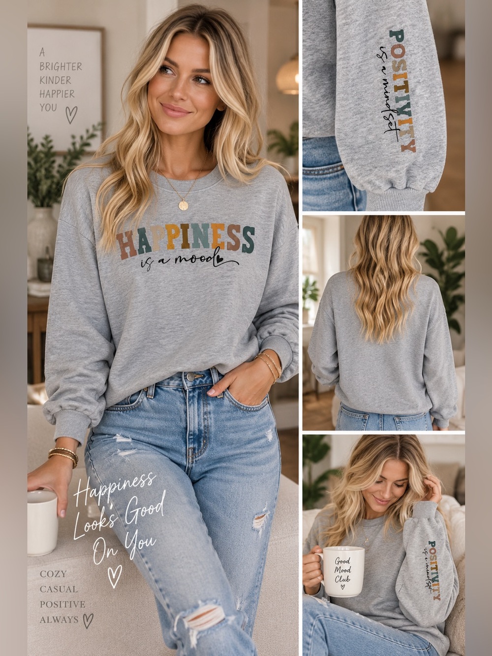New ‘Happiness Is A Mood’ Grey Sweatshirt